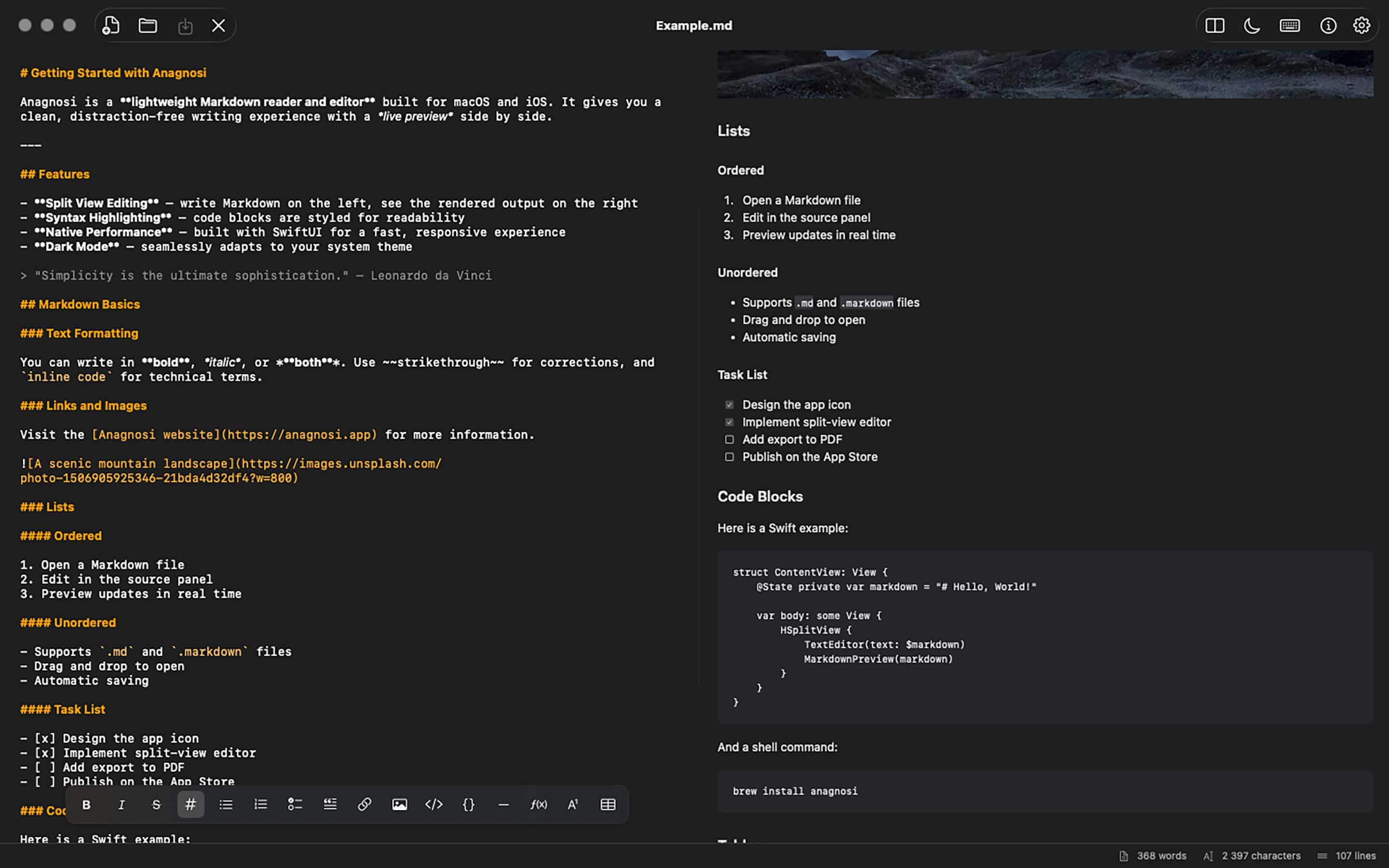 anagnosi on MacBook in dark mode
